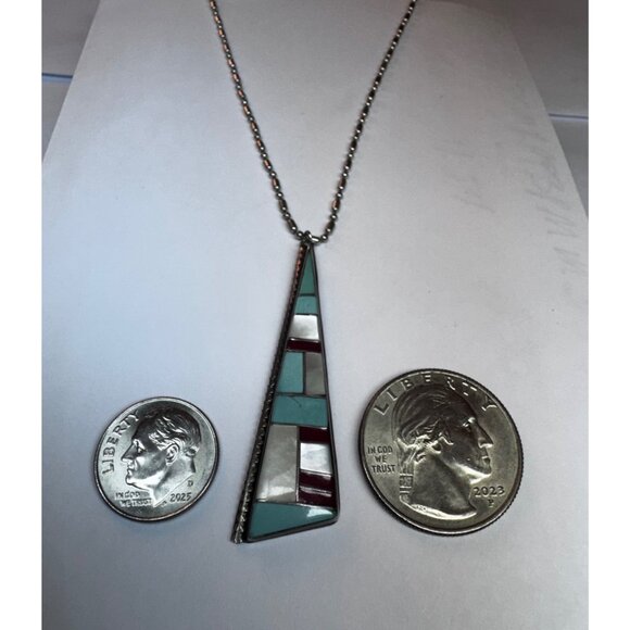 Vintage Sterling Silver 925 Inlay Pendant Necklace Turquoise MOP 20” Estate - Picture 8 of 12
